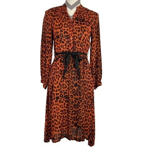 Aoyama Itchome Leopard Animal Print Midi Dress Size Small Long Sleeve Cheetah